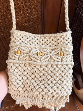 Vintage 70s Boho Chinese Hand-Knotted Macrame Crossbody Bag with Wood Beads